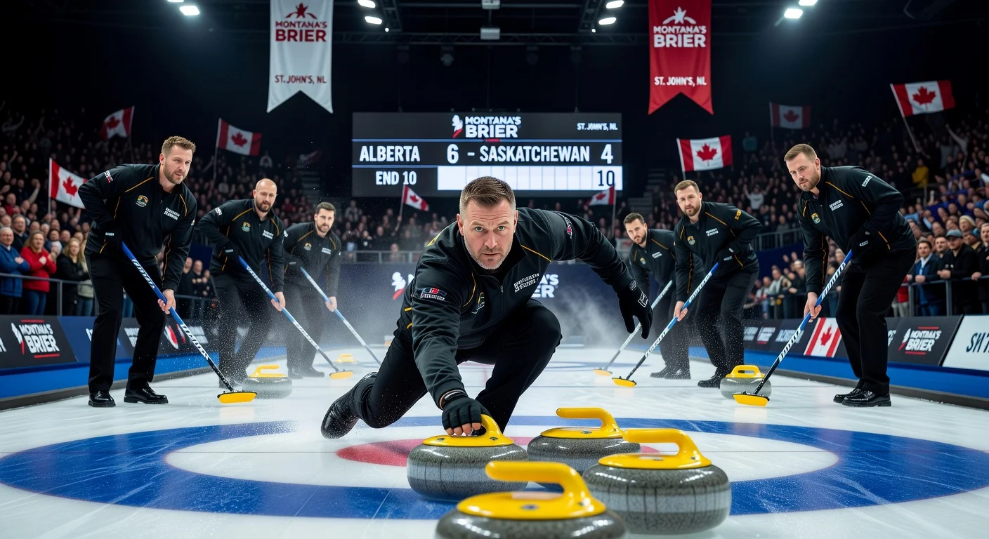 Alberta curler Kevin Koe delivers the game-winning stone in the 10th end for a 6-4 victory over Saskatchewan at the Brier.
