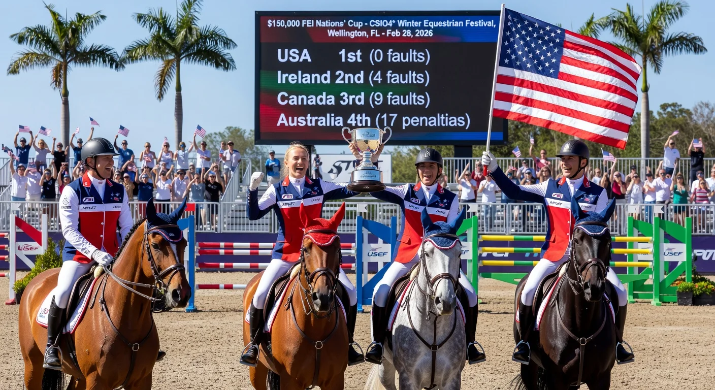 USA equestrian team celebrates Nations’ Cup win in Wellington, with horses, trophy, flag, and scoreboard.
