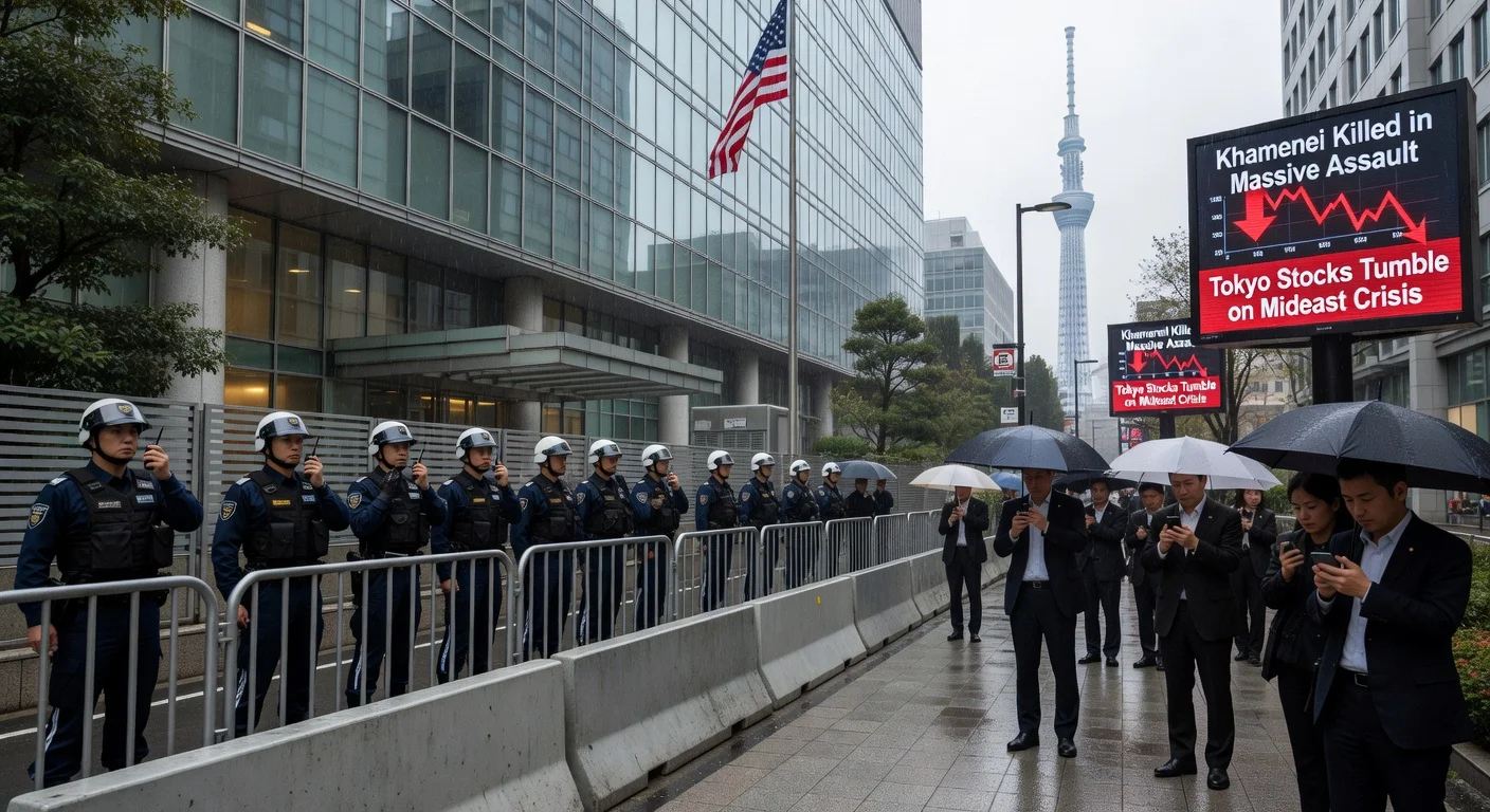 Japanese police enhance security at U.S. Embassy in Tokyo following U.S.-Israel strikes on Iran that killed Ayatollah Khamenei, as stock markets fall.