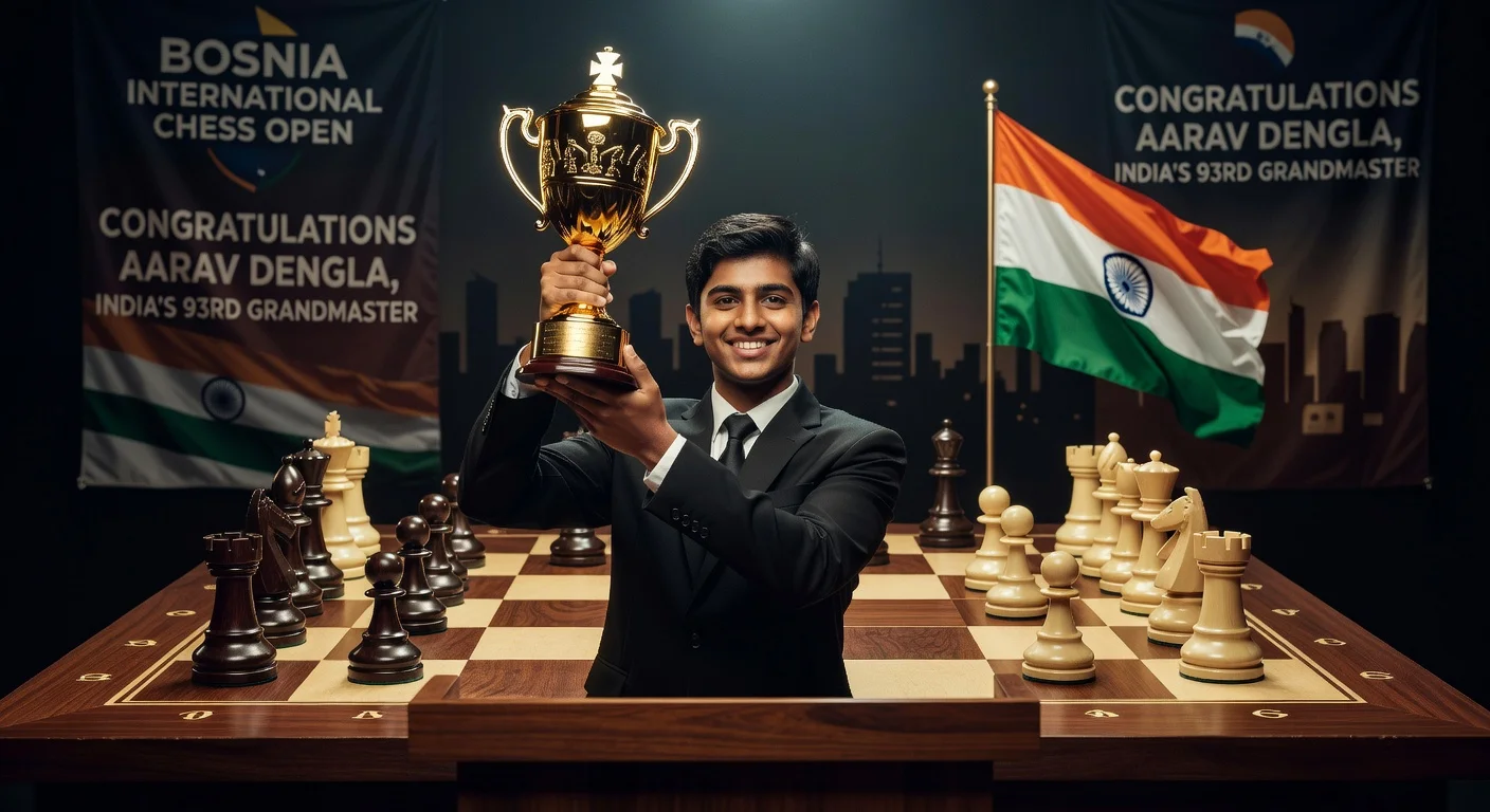 17-year-old Mumbai prodigy Aarav Dengla celebrates becoming India's 93rd chess Grandmaster at a tournament podium.
