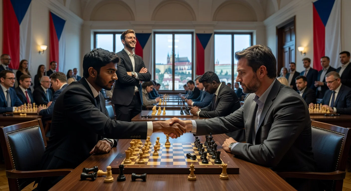 Illustration of chess champion D Gukesh drawing with David Navara at Prague Festival, with leader Jorden van Foreest in background.