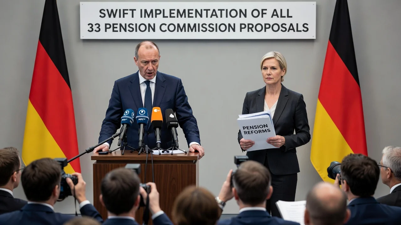 Chancellor Merz and Minister Bas at a podium announcing pension reforms during a press conference.
