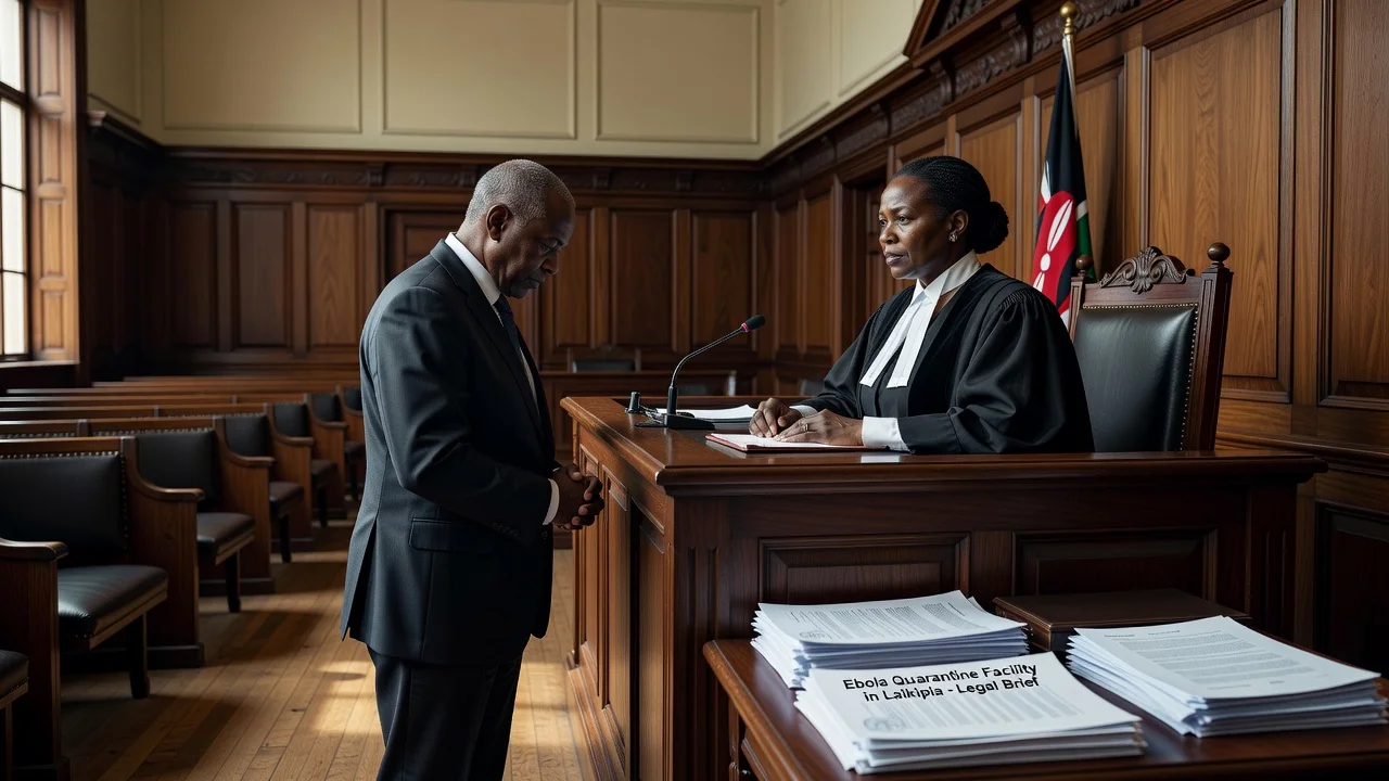 A courtroom scene depicting Justice Patricia Nyaundi accepting Health CS Aden Duale's apology in the Ebola facility case.