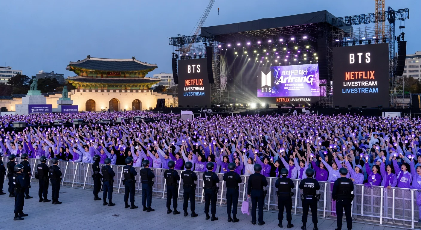 Gwanghwamun Square in Seoul abuzz with preparations and massive crowds for BTS's 2026 comeback concert, under heavy security.
