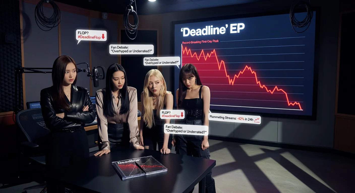 Blackpink in studio viewing plummeting sales chart for 'Deadline' EP amid flop debates, realistic news illustration.