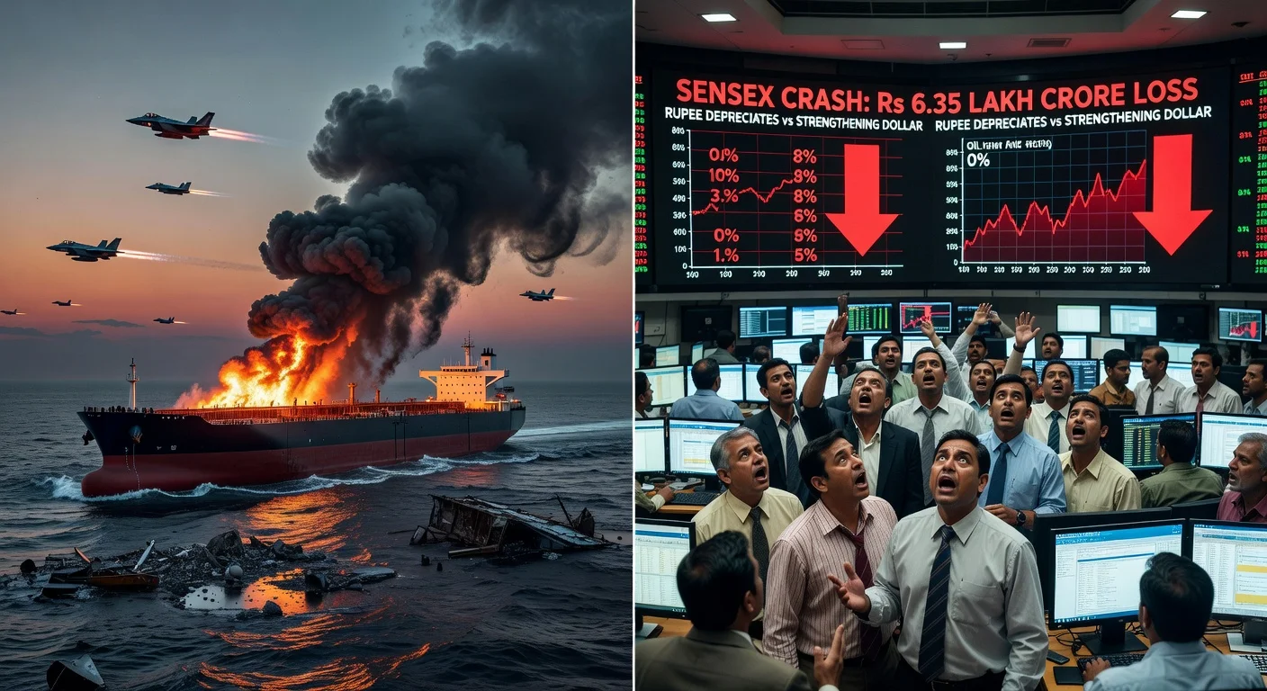 Dramatic composite image depicting Strait of Hormuz oil tanker explosion from US-Israeli strikes on Iran alongside Indian stock market crash amid surging oil prices.