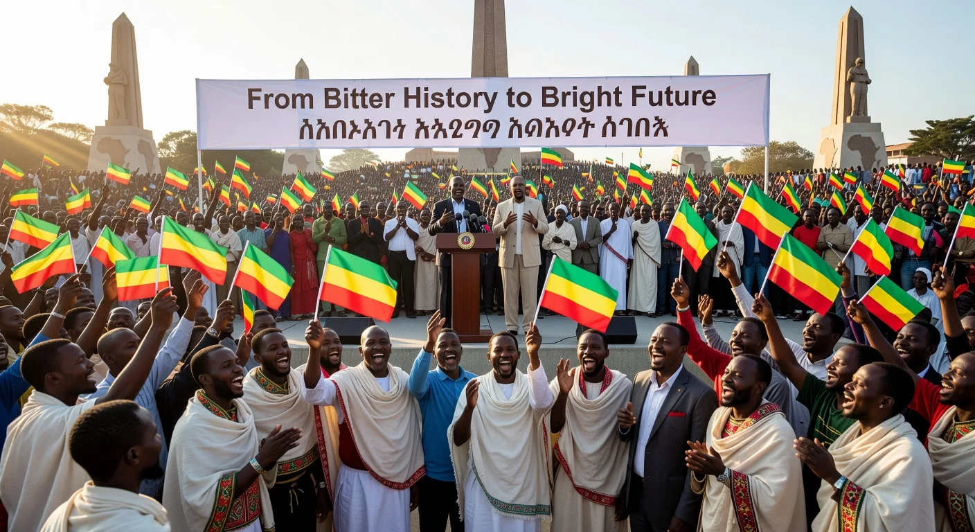 Crowd in Addis Ababa celebrates 130th Adwa victory anniversary with leaders President Taye Atske Sellassie and PM Abiy Ahmed on stage under hopeful theme banner.