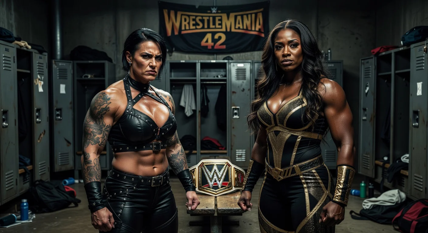 Dramatic illustration of Rhea Ripley and Jade Cargill in a tense locker room face-off ahead of WrestleMania 42 title clash.
