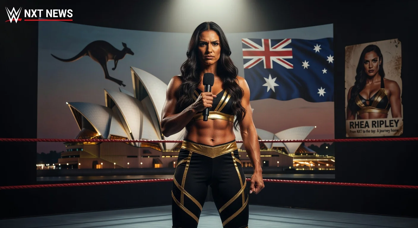 WWE NXT star Zaria, muscular Australian wrestler, in dynamic interview pose blending WWE ring and Aussie landmarks.