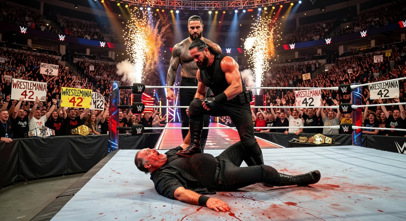 Dramatic WWE Raw scene: Roman Reigns returns amid chaos as Seth Rollins attacks Paul Heyman, building to WrestleMania 42.
