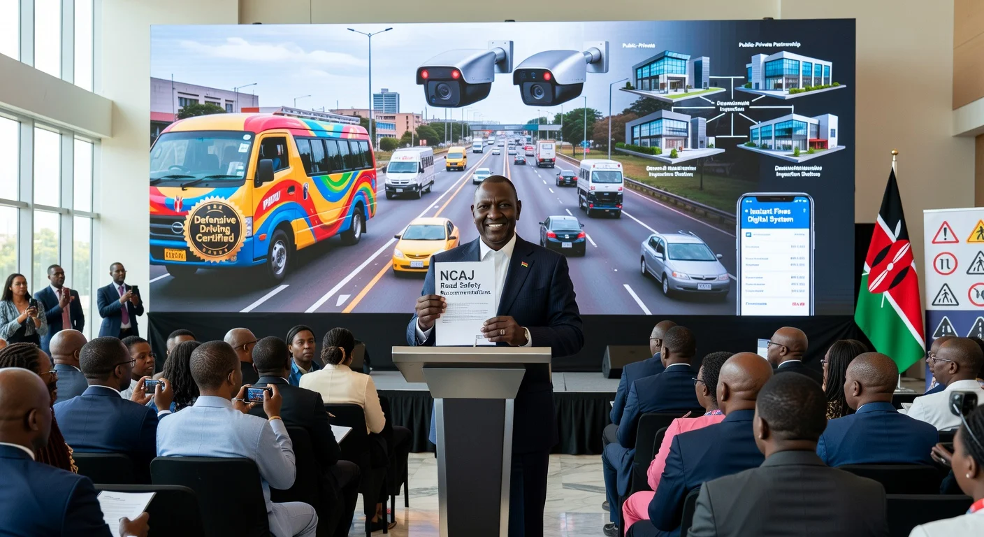 President Ruto endorses NCAJ road safety measures including PSV certification, smart cameras, and instant fines at a Nairobi press event.