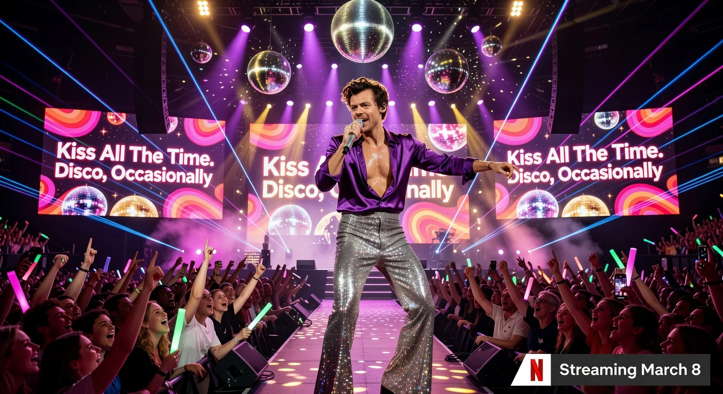 Harry Styles rocks the stage at his Manchester album launch concert, soon streaming on Netflix.
