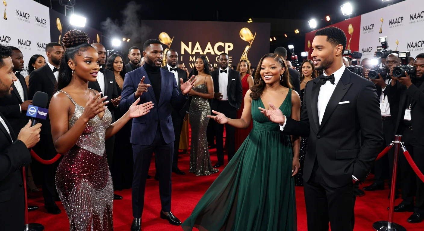 Celebrities Tyla, Halle Bailey, Regé-Jean Page, and Tyriq Withers on the red carpet at the 57th NAACP Image Awards, sharing insights on music and art during interviews.