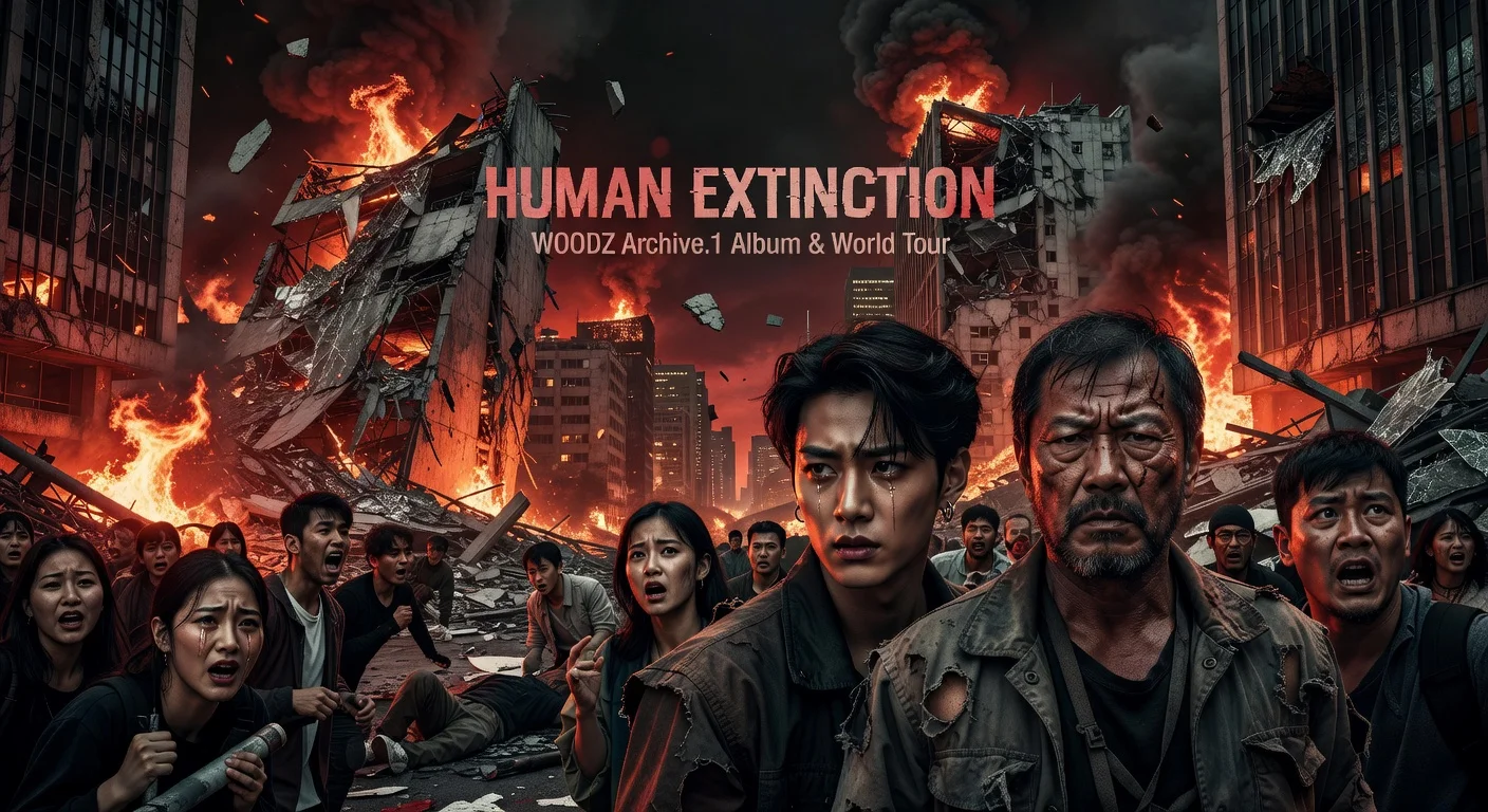 Dramatic teaser scene from WOODZ's 'Human Extinction' MV featuring actor Park Hee Soon, amid chaotic apocalypse evoking raw human emotions, promoting 'Archive.1' album and world tour.
