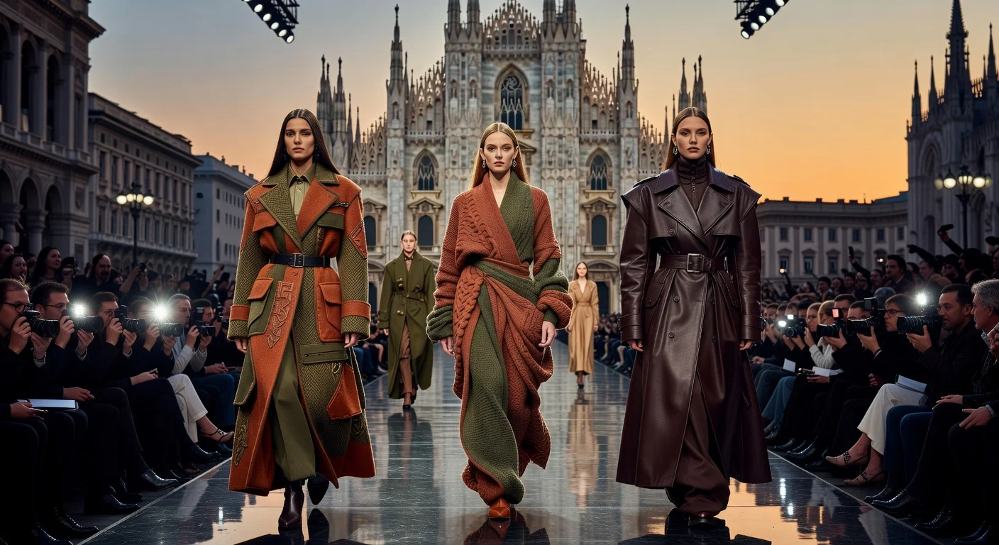 Illustration of standout creative director debuts at Fendi, Marni, and Gucci runways during Milan Fashion Week Fall/Winter 2026, highlighting layered, wearable trends.
