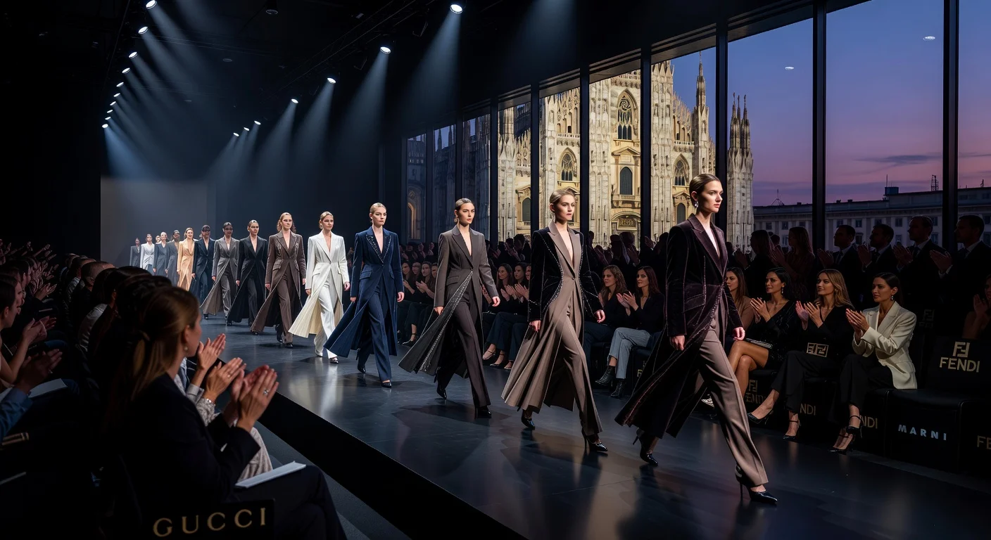 Photorealistic depiction of Milan Fashion Week fall 2026 runway with new creative directors' debuts at Gucci, Fendi, and Marni, highlighting minimalist-opulent trends.