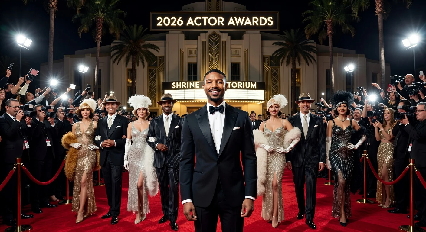 Glamorous red carpet scene at the 2026 SAG Actor Awards featuring 1920s-1930s Hollywood theme, with Michael B. Jordan and stars in vintage attire.