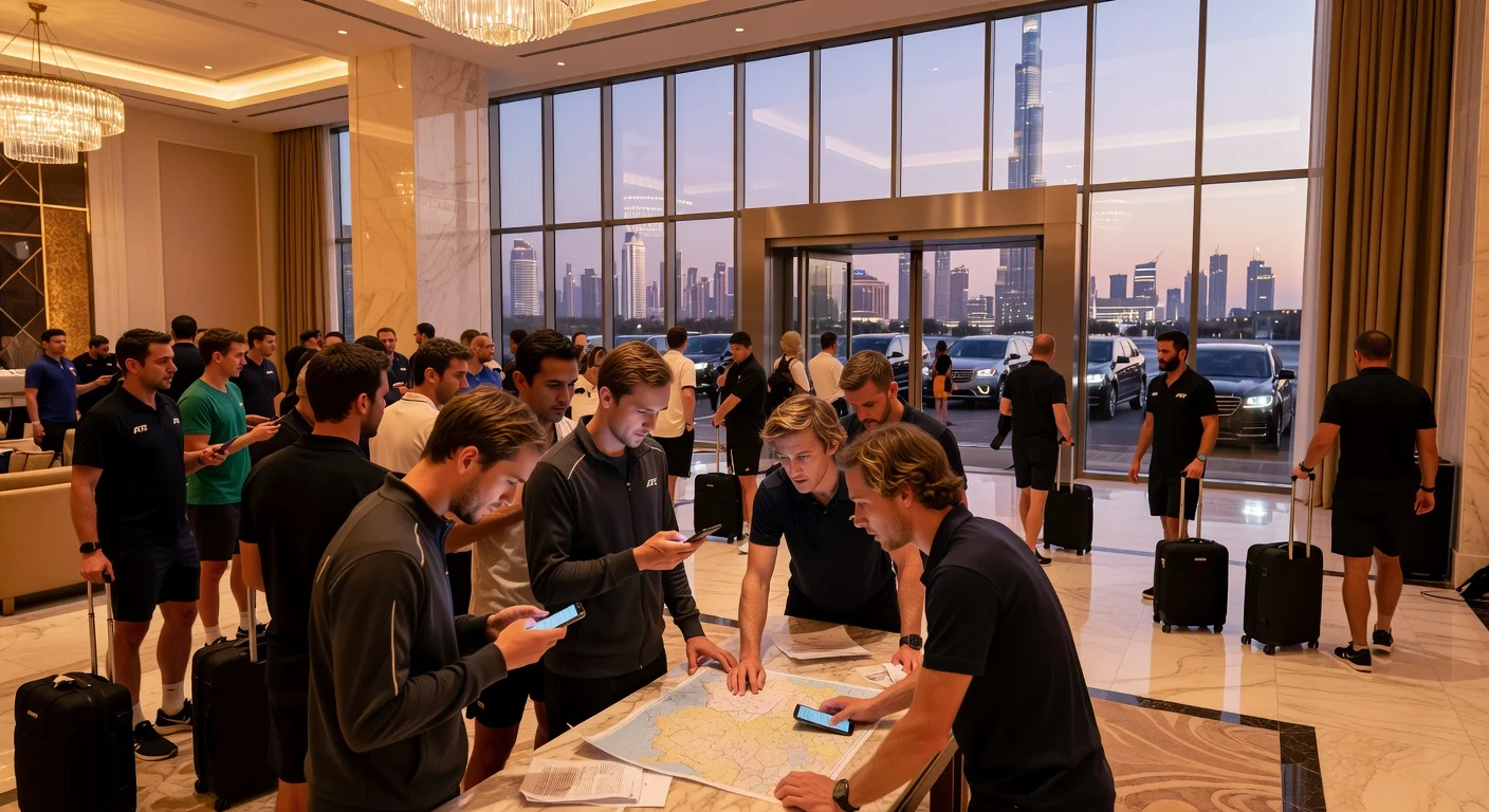 Stranded ATP tennis stars like Medvedev and Rublev in Dubai hotel, planning Oman escape via SUVs amid airspace closures for Indian Wells tournament.