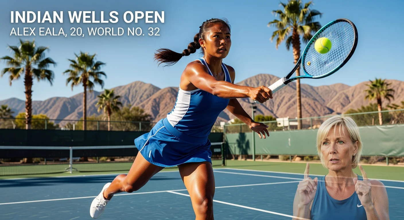 Alex Eala practicing her tennis serve at Indian Wells Open as advised by Martina Navratilova.