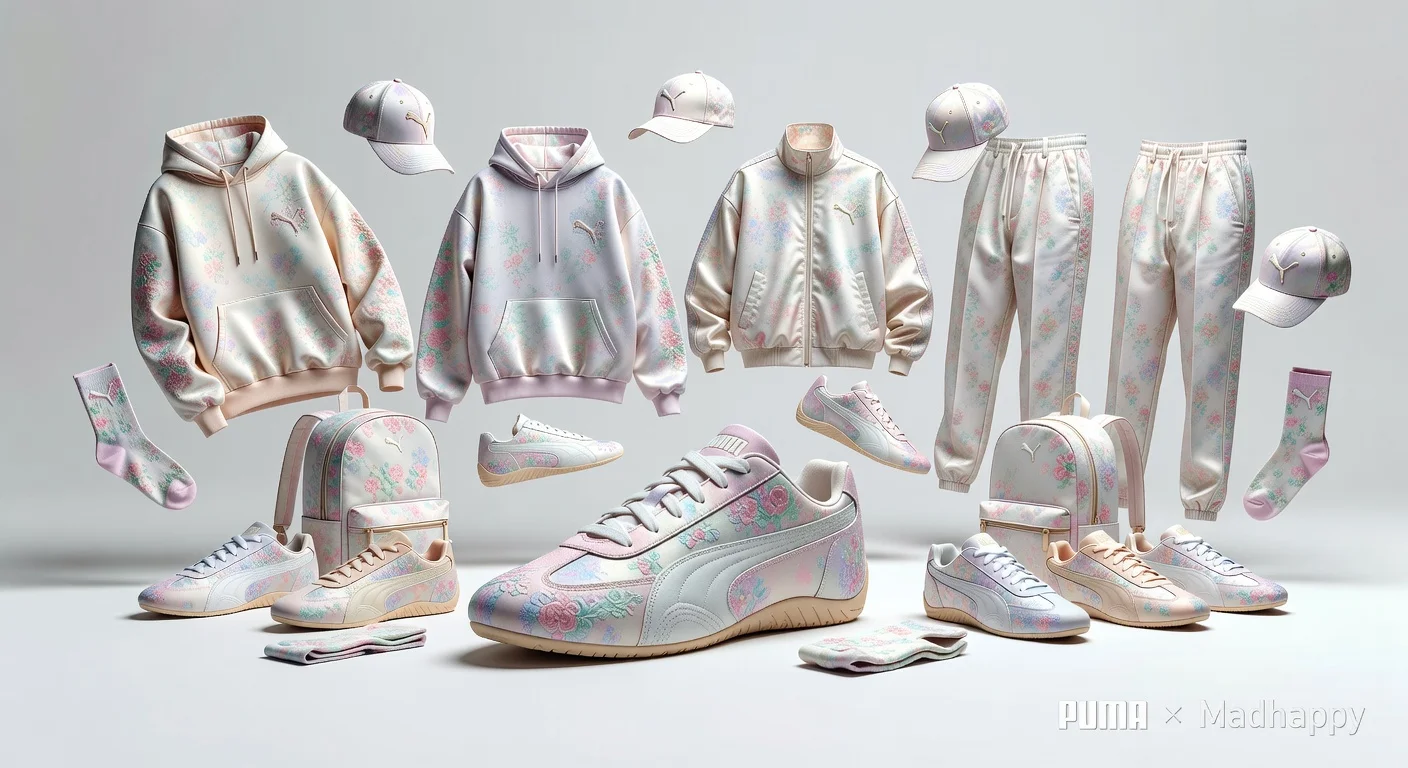 Photorealistic image of PUMA x Madhappy's second collection, showcasing floral-motif Speedcat Plus sneakers amid apparel and accessories for a fashion news article.