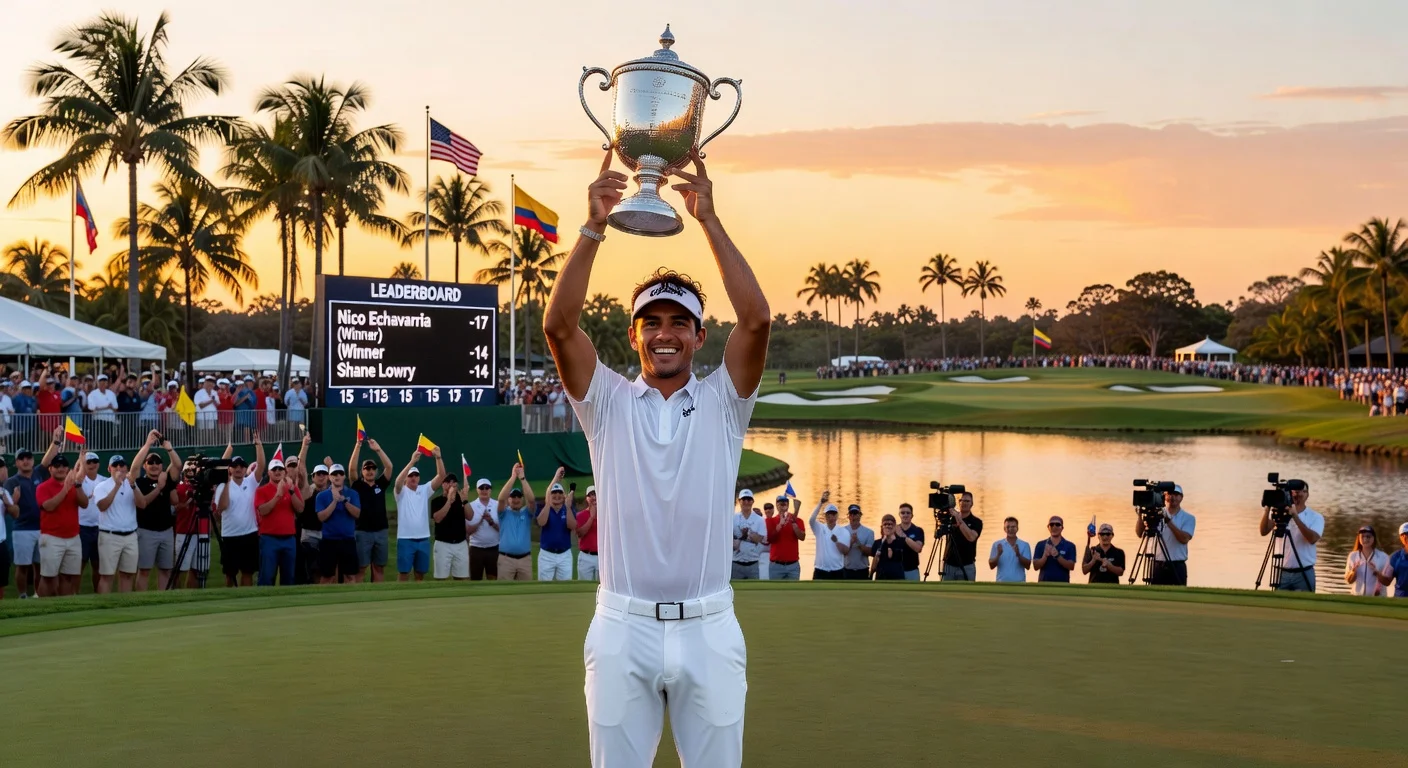 Nico Echavarria celebrates his 2026 Cognizant Classic victory on the 18th green after Shane Lowry's Bear Trap collapse, with trophy, leaderboard, and cheering crowd.