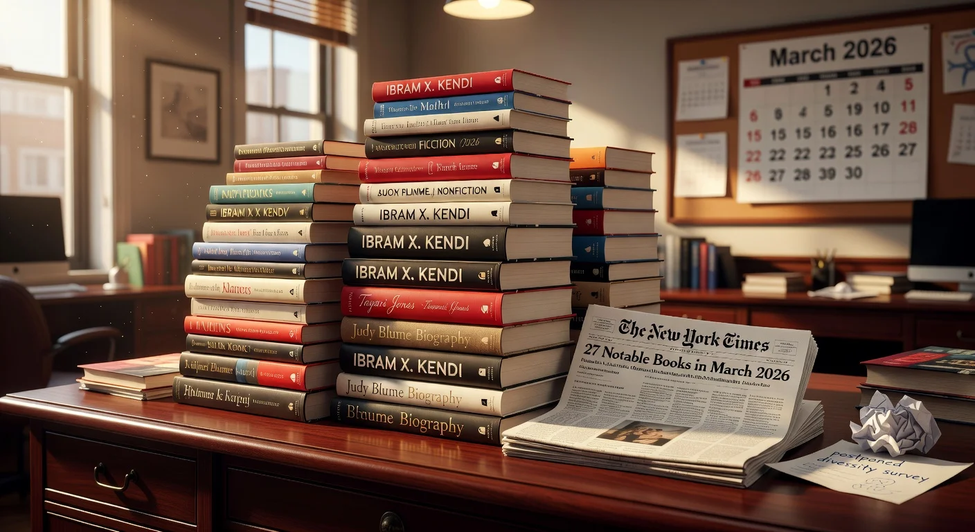 Illustration depicting New York Times highlighting 27 notable March 2026 book releases by authors like Ibram X. Kendi and Tayari Jones, amid publishing challenges.