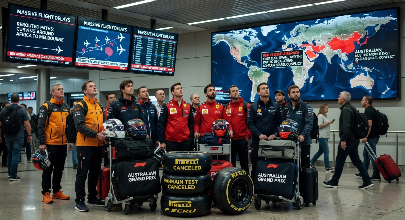 Illustration depicting Formula 1 travel chaos at an airport due to Middle East airspace closures affecting the Australian Grand Prix.