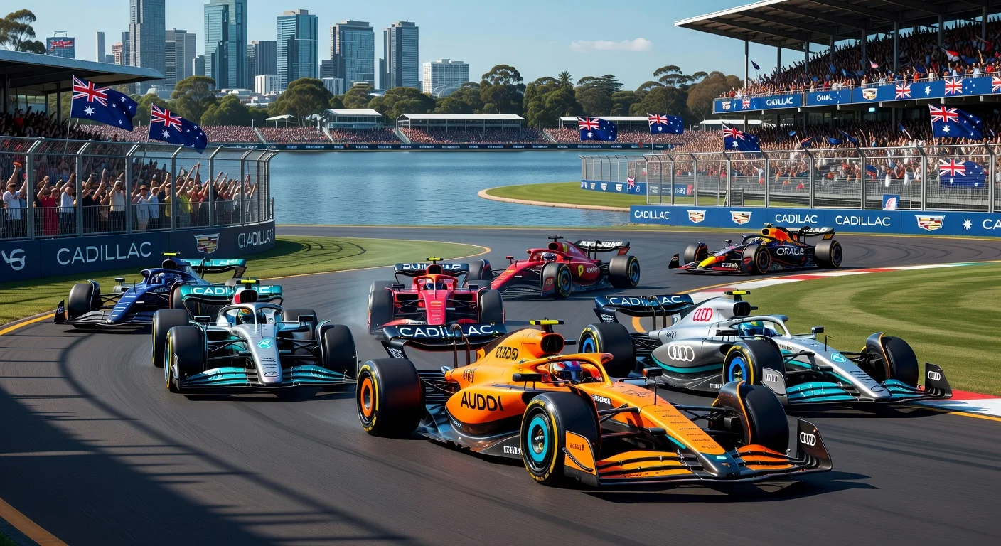 Dynamic photorealistic illustration of the 2026 F1 Australian Grand Prix opener, showcasing revolutionary smaller hybrid cars and new teams at Albert Park, Melbourne.