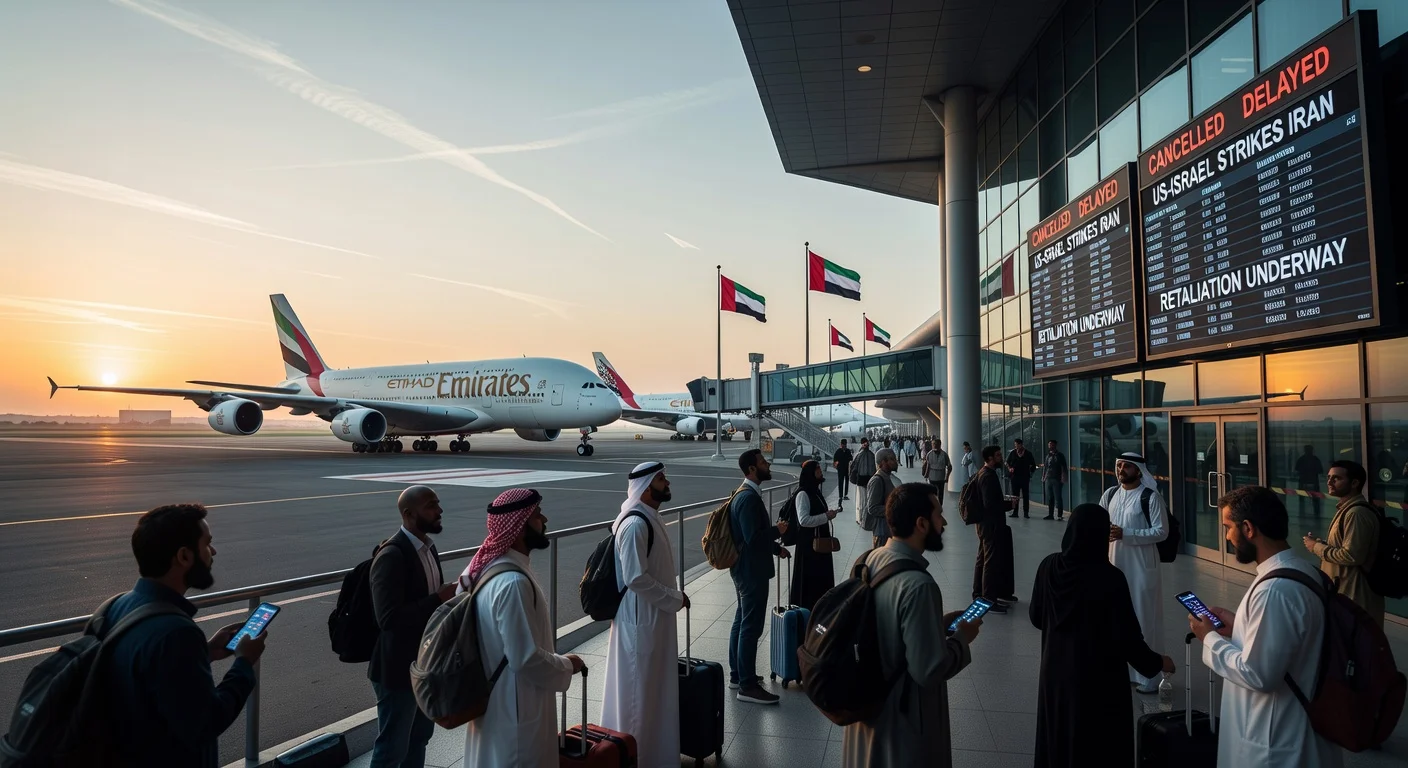 Illustration of Dubai Airport with limited flights resuming amid ongoing Middle East conflict disruptions, showing anxious passengers and departing plane.