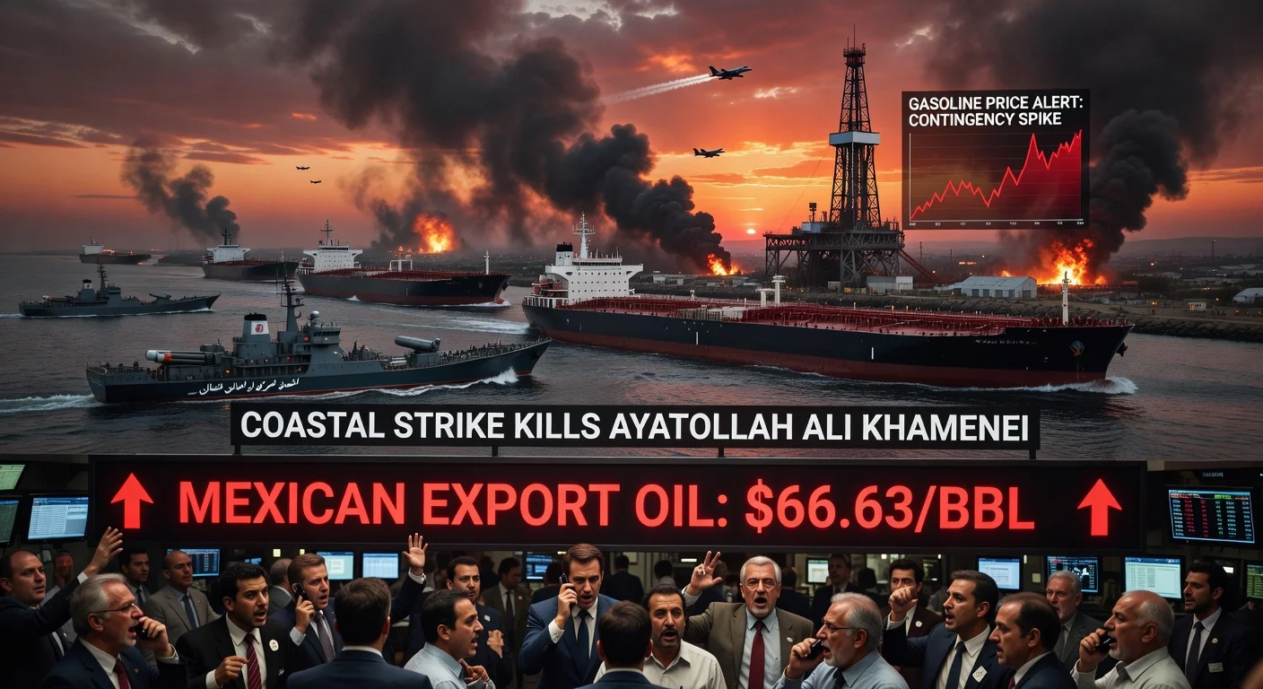 Dramatic photo illustration of Iranian threats to close the Strait of Hormuz amid conflict escalation, causing Mexican oil prices to hit $66.63 per barrel.
