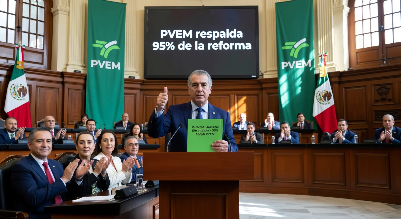 Mexican Senator Manuel Velasco endorsing 95% of Sheinbaum's electoral reform in Congress chamber, with supportive banners and politicians.