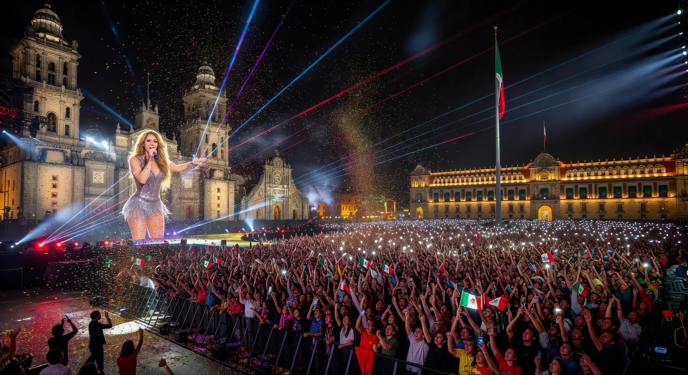 Shakira performs to a record 400,000 fans at Mexico City's Zócalo, breaking attendance records in a massive free concert.