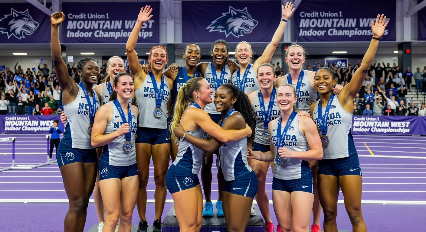 Nevada Wolf Pack women’s track team celebrates silver medals on podium at hosted Mountain West Indoor Championships.