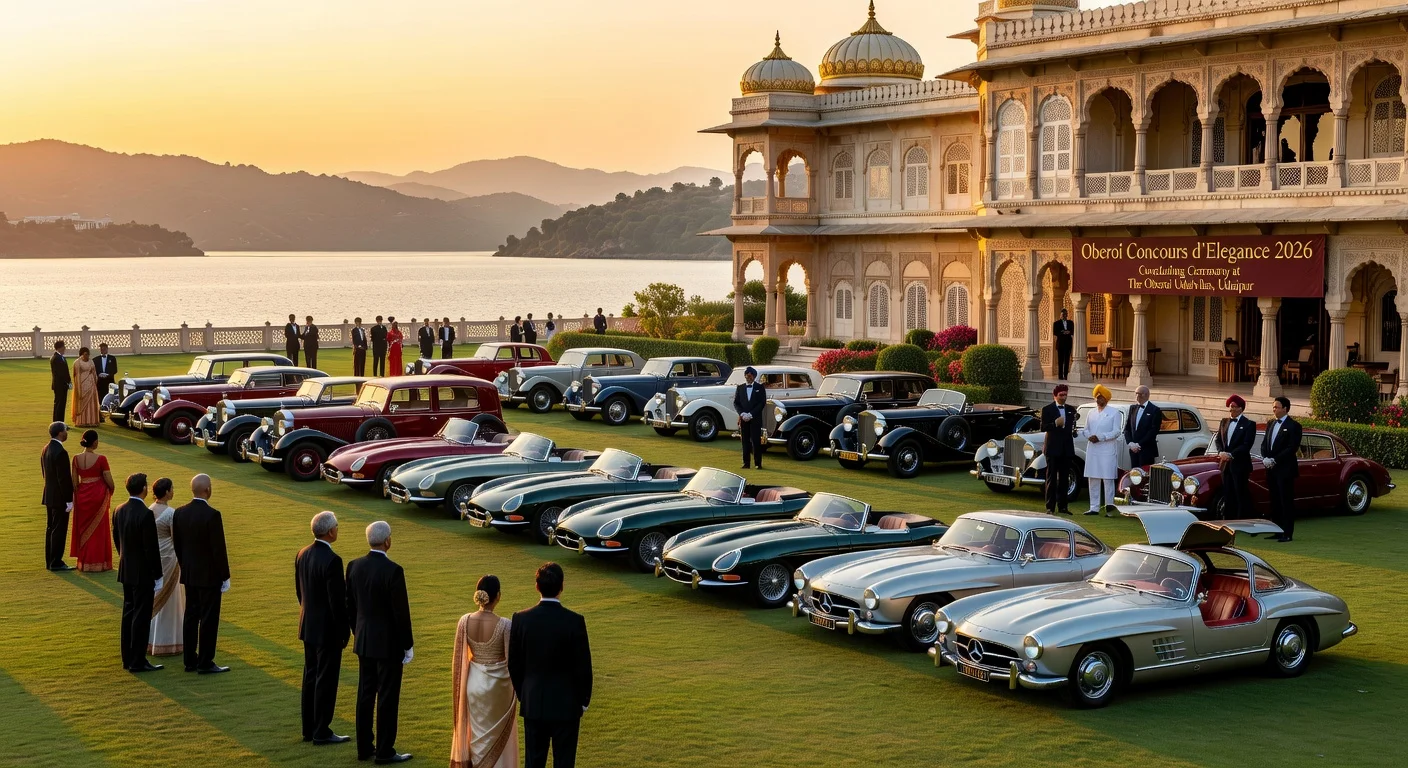 Vintage cars showcased at the Oberoi Concours d’Elegance 2026 event in Udaipur's luxurious Oberoi Udaivilas resort.