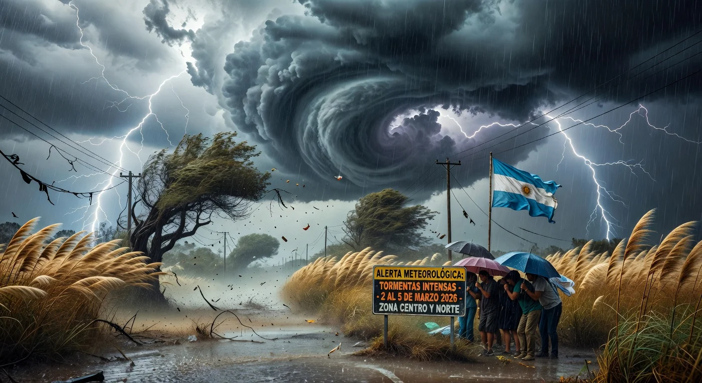 Dramatic photorealistic illustration of severe storms, heavy rain, and strong winds battering Argentine provinces under yellow and orange weather alerts.