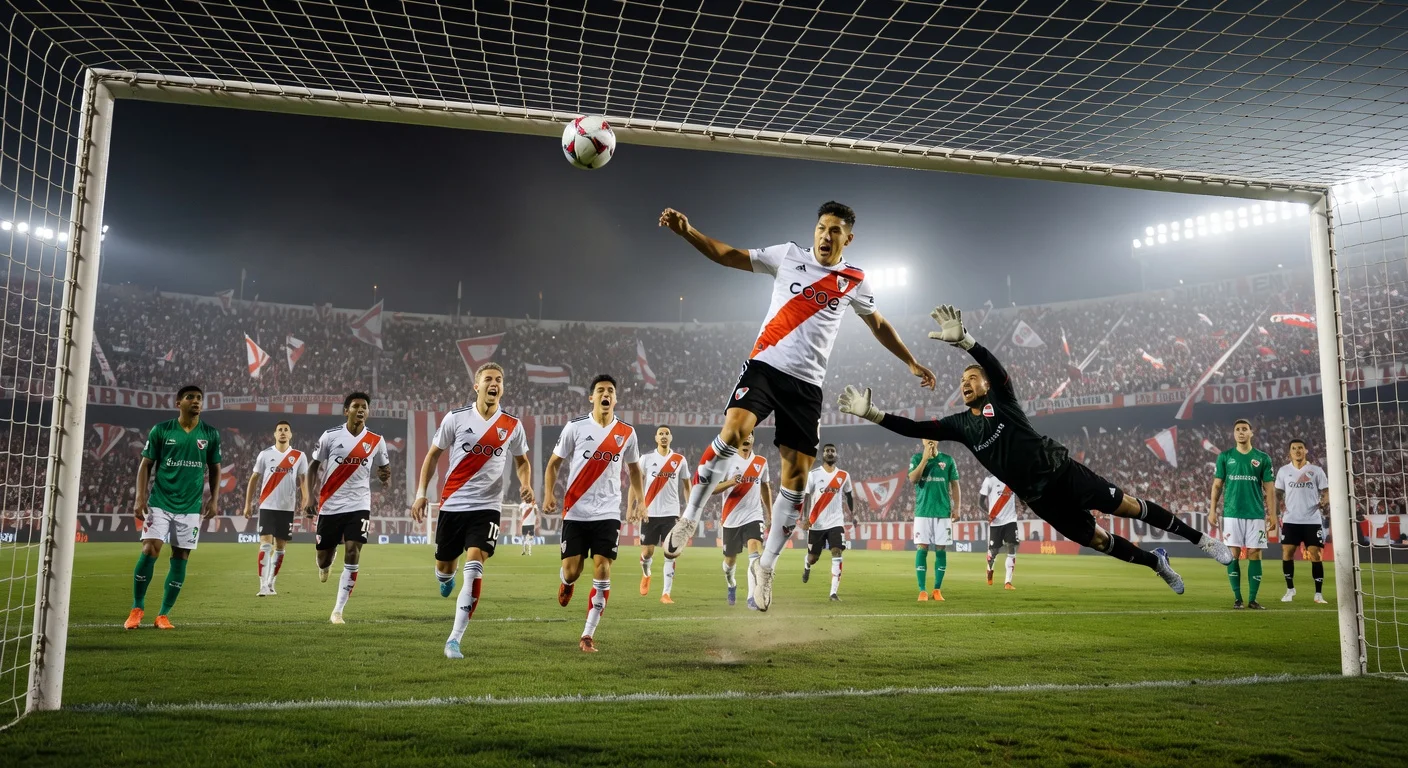 Action shot of River Plate's Gonzalo Montiel heading the equalizer in 1-1 draw against Independiente Rivadavia at Malvinas Argentinas stadium.