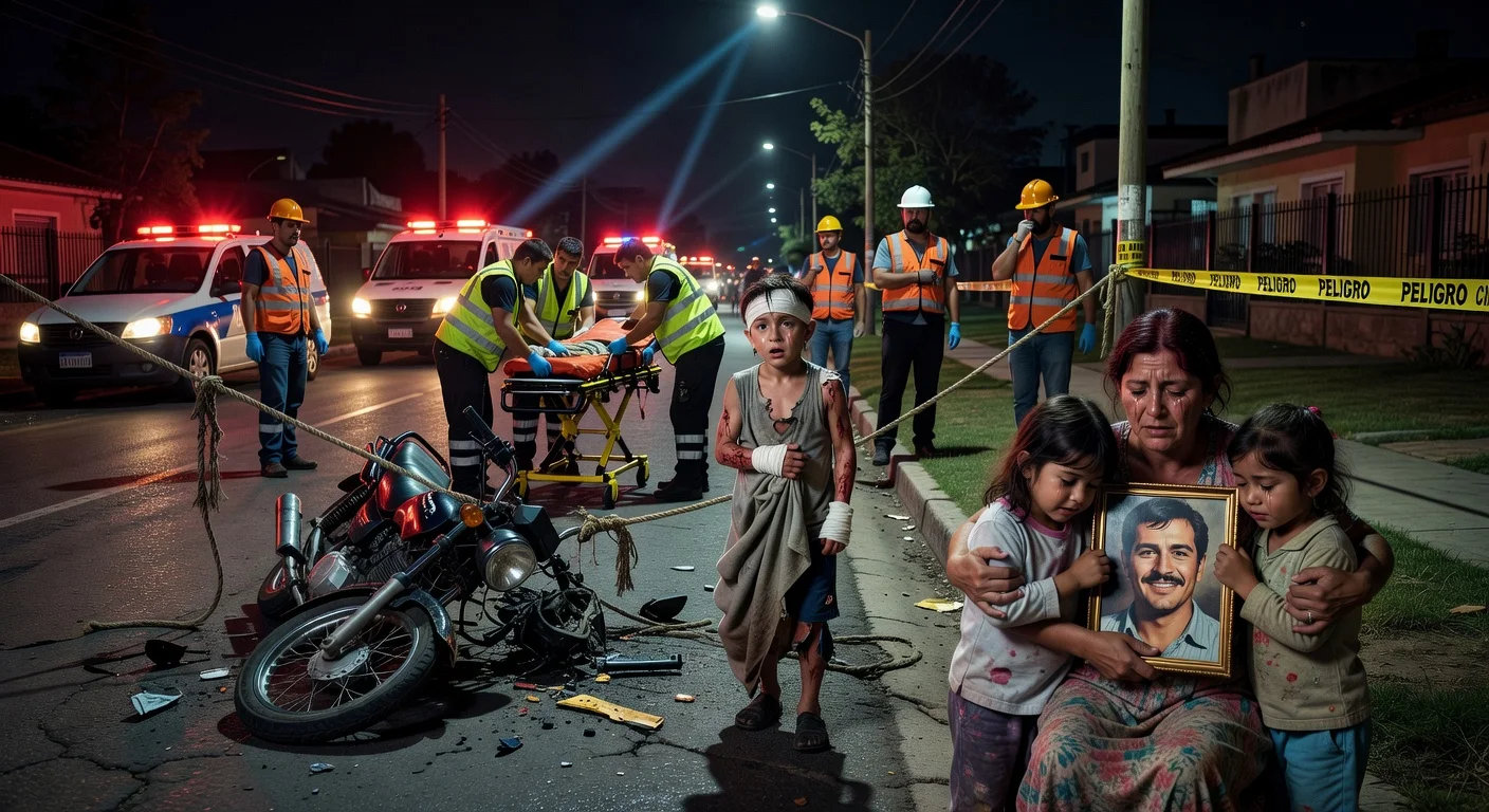 Illustration of fatal motorcycle crash aftermath in Quilmes: wrecked bike, injured boy in shock, grieving family with father's photo blaming municipality.