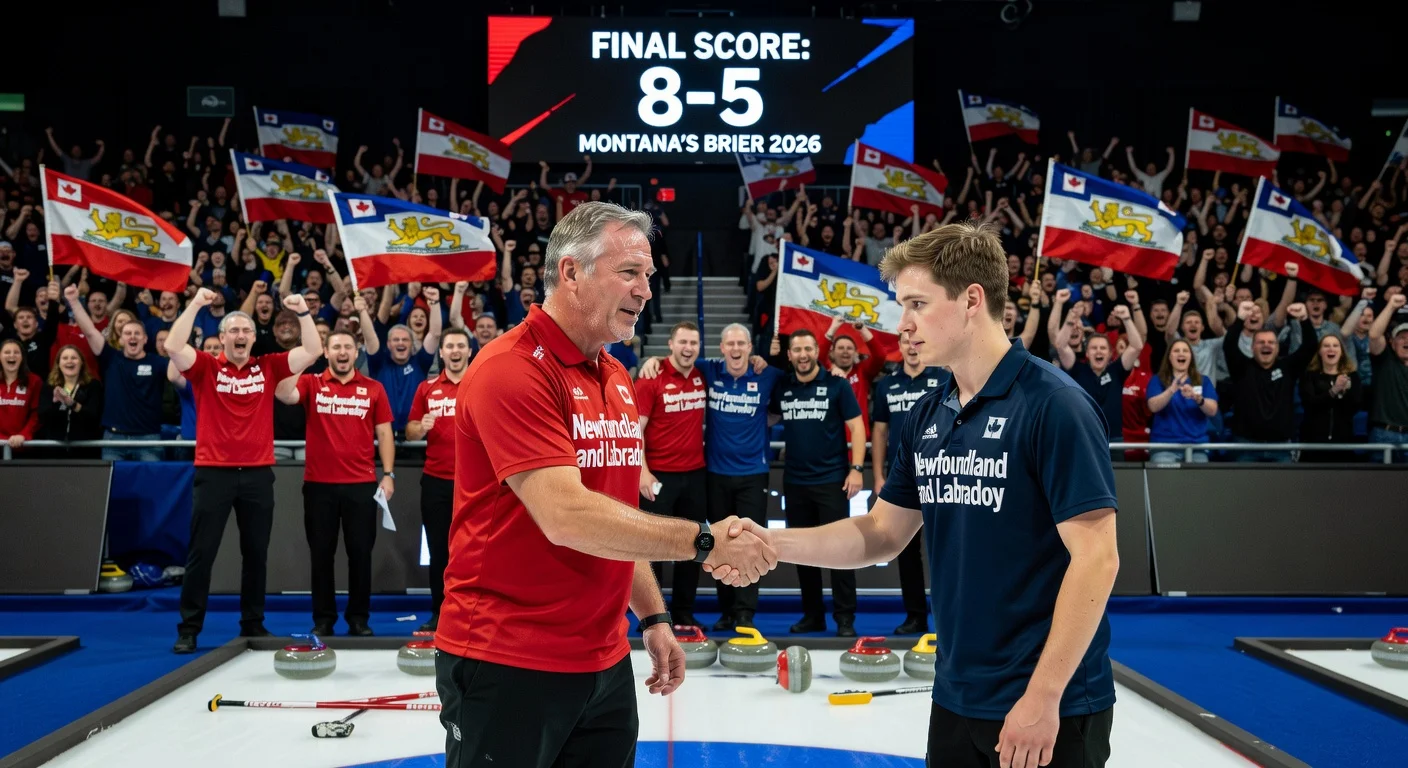 Brad Gushue shakes hands with Nathan Young after 8-5 Brier victory in emotional Newfoundland clash amid cheering crowd.