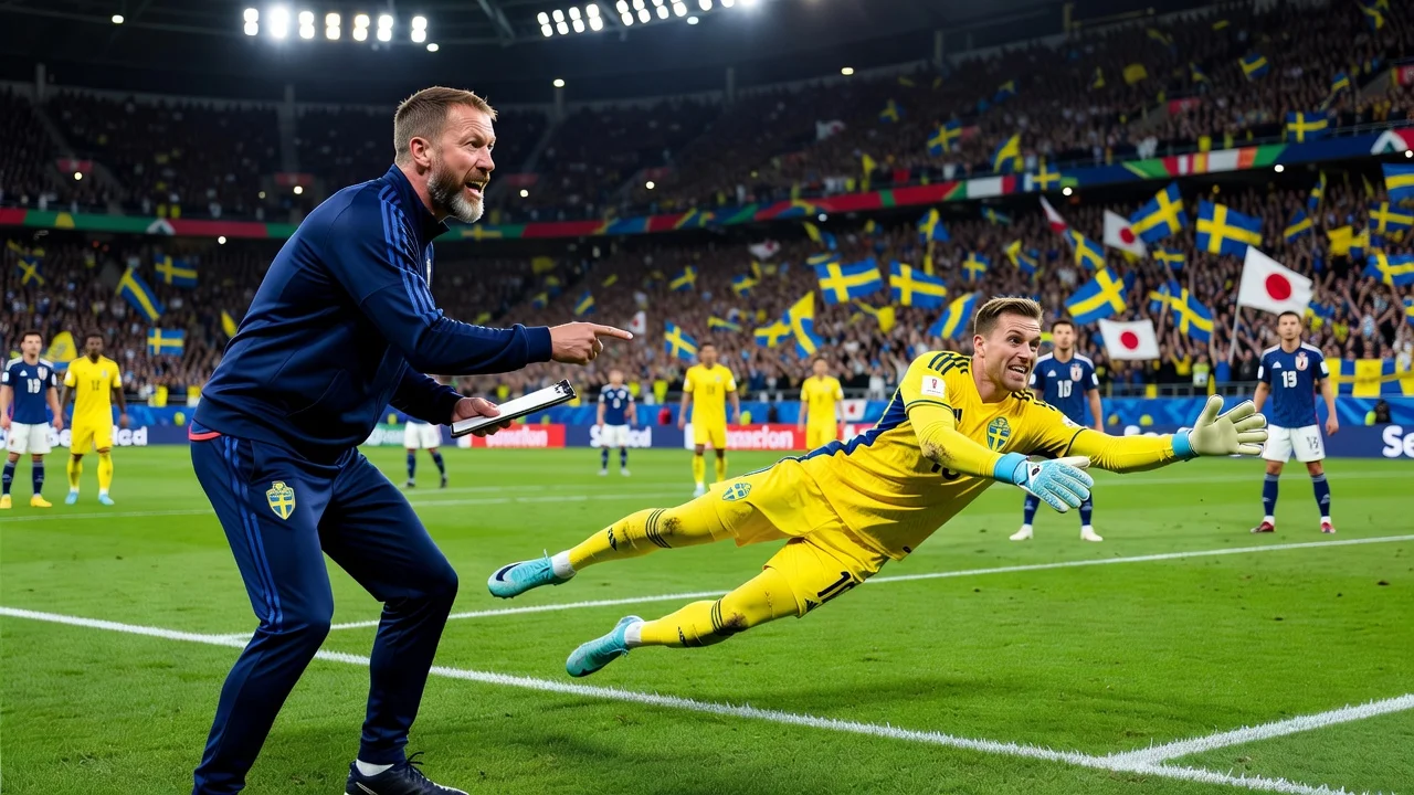 Graham Potter watches as Sweden's new goalkeeper Jacob Widell Zetterström makes a save in a World Cup match against Japan.