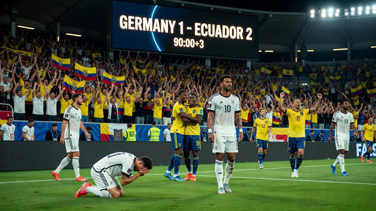 German soccer team dejected after 1-2 loss to Ecuador at the 2026 World Cup with Ecuador celebrating.