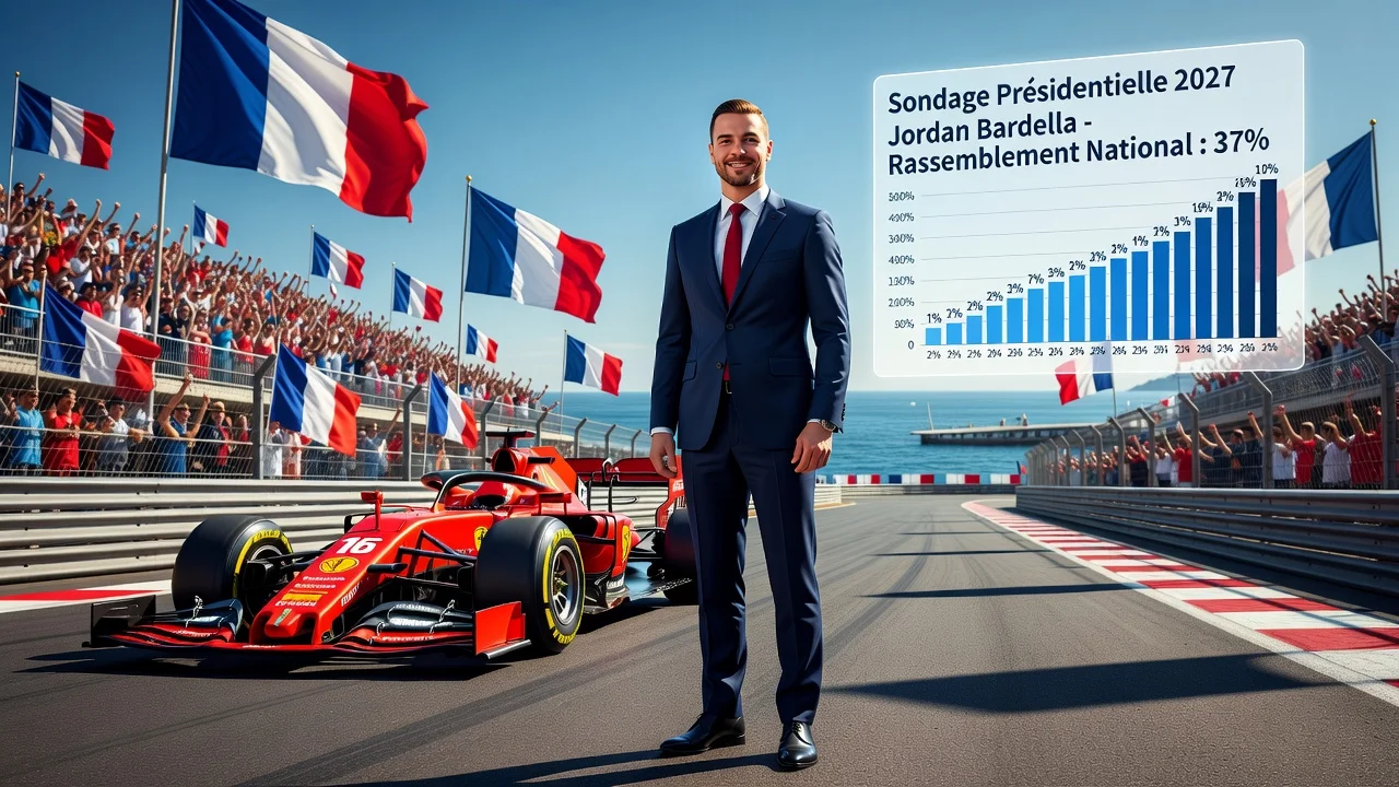 Jordan Bardella at Monaco Grand Prix with 2027 election poll results overlay
