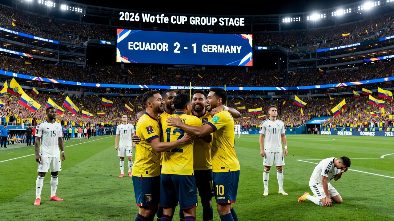 Ecuadorian soccer players celebrating a 2-1 win against Germany at the World Cup.