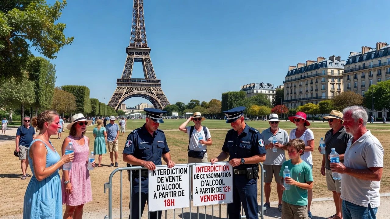 Police officers posting alcohol ban signs in a Paris park during a heatwave, with people seeking relief from the sun.