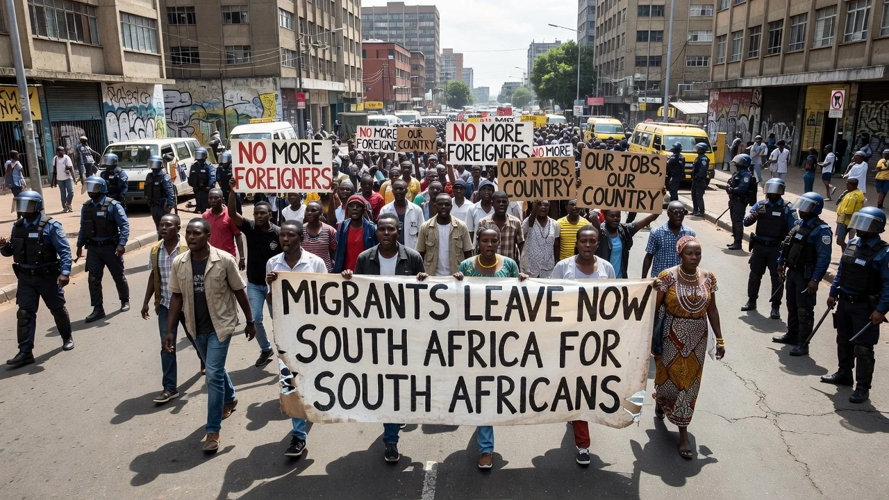 Protesters marching in South African streets against immigration on June 30