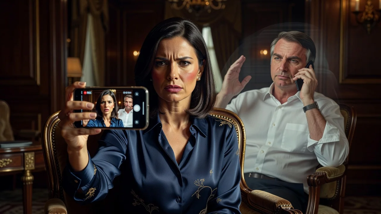 Michelle Bolsonaro with an upset expression recording a video criticizing Flávio Bolsonaro, highlighting family political rift.