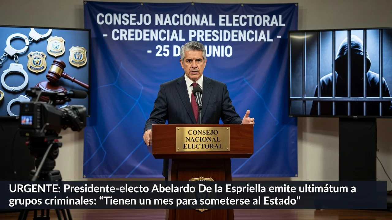 Illustration of President-elect De la Espriella receiving his credential and warning criminal groups.