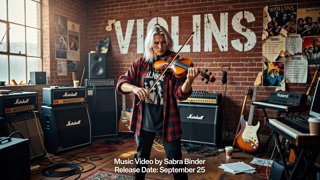 Blondshell holding a violin in a studio for her album Violins announcement