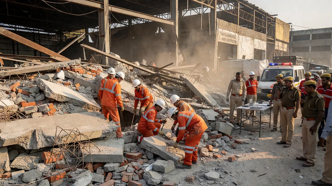 Rescue teams searching through the rubble of a collapsed warehouse in Kolkata after the deadly incident.