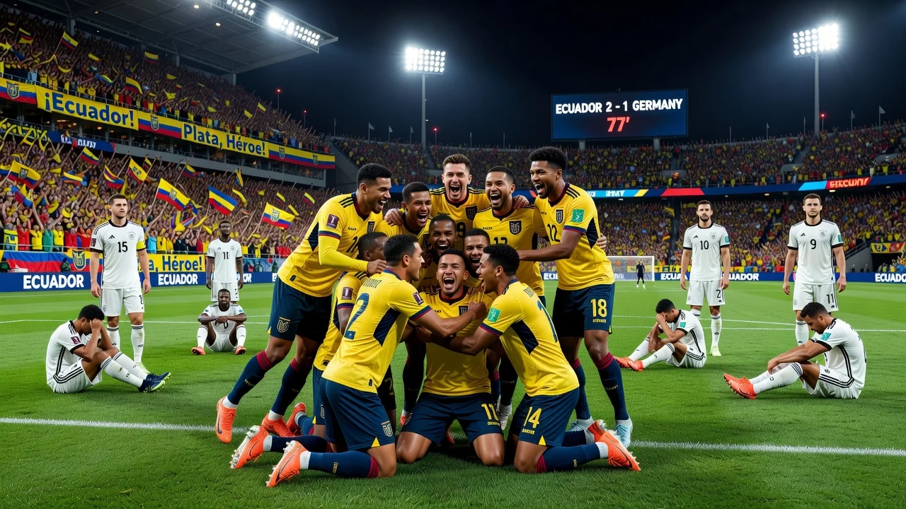 Ecuador players celebrating their 2-1 victory over Germany in the World Cup