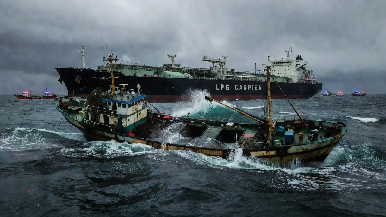 Illustration of a fishing boat sinking off Busan following a collision with an LPG carrier.